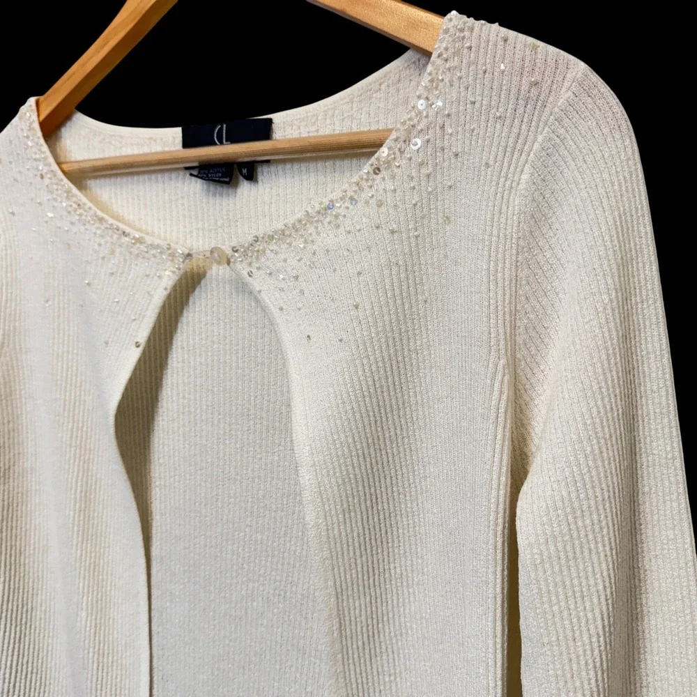 Vintage Carole Little Cardigan M Cream Hand Beaded Sequin Coquette Sweater